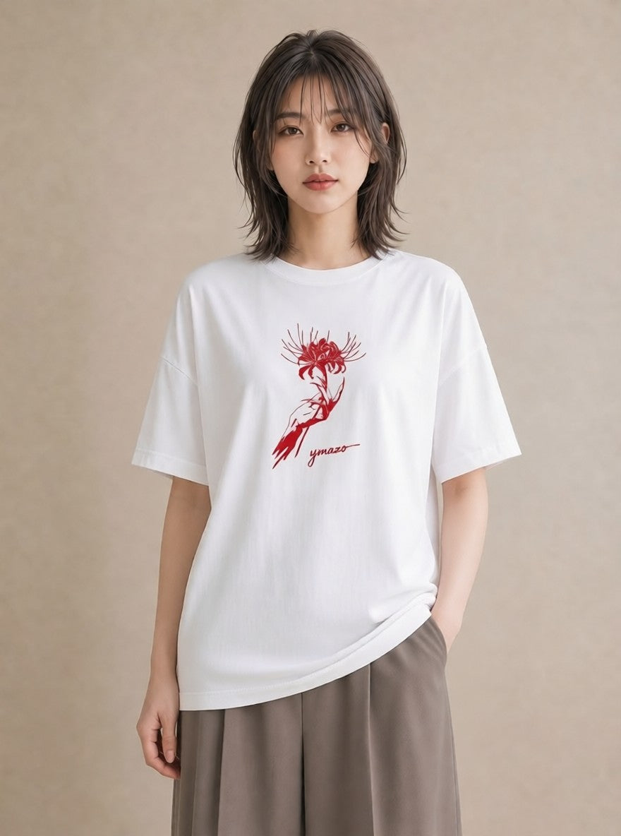 プリントTシャツ レディース 彼岸花 花 花柄 イラスト カジュアル クリスマス 旅行 白T YMAZO
