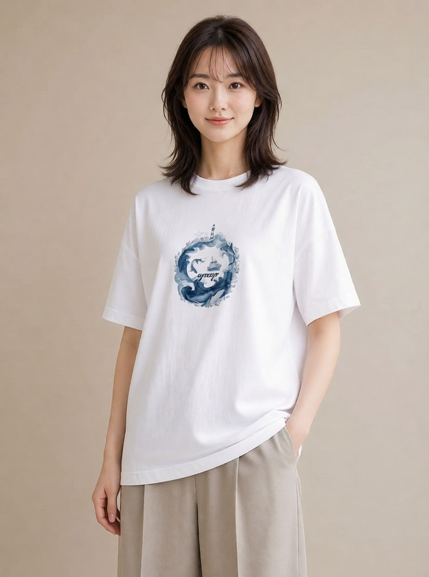 半袖Tシャツ レディース 波 星空 宇宙 イラスト ニュアンス お揃い 親子 白T YMAZO