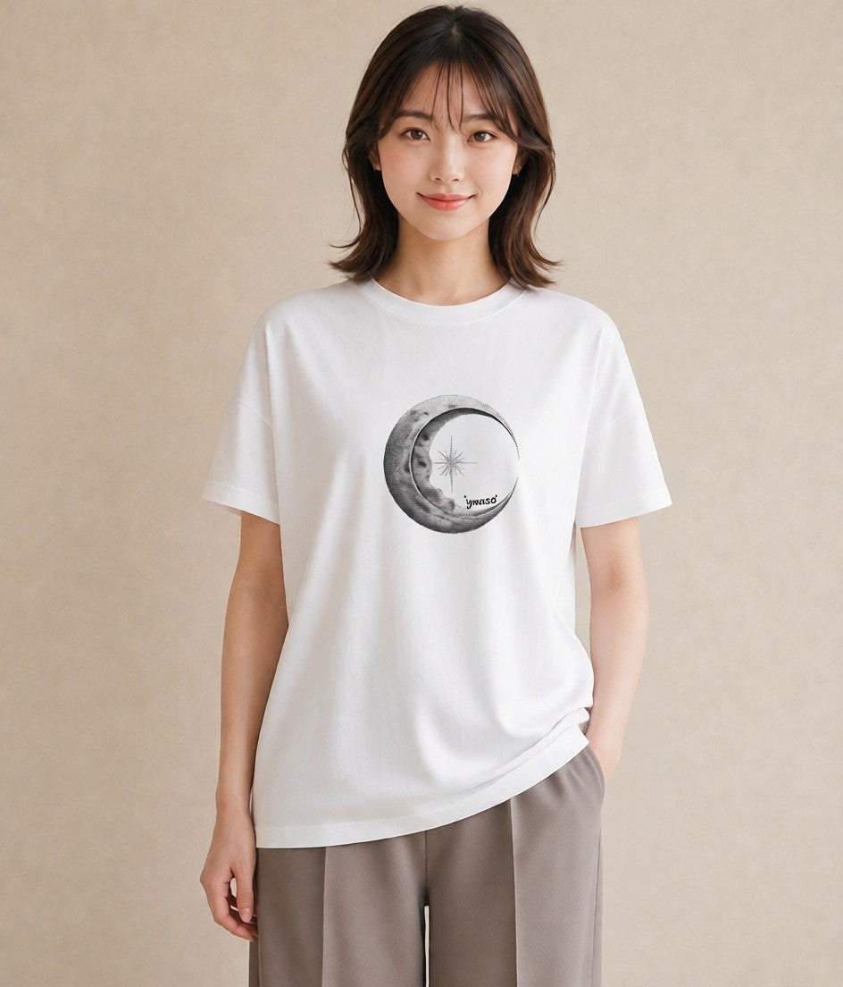 半袖Tシャツ レディース 月と星 星空 ムーン イラスト アート風 部屋着 女性向けギフト 白T YMAZO