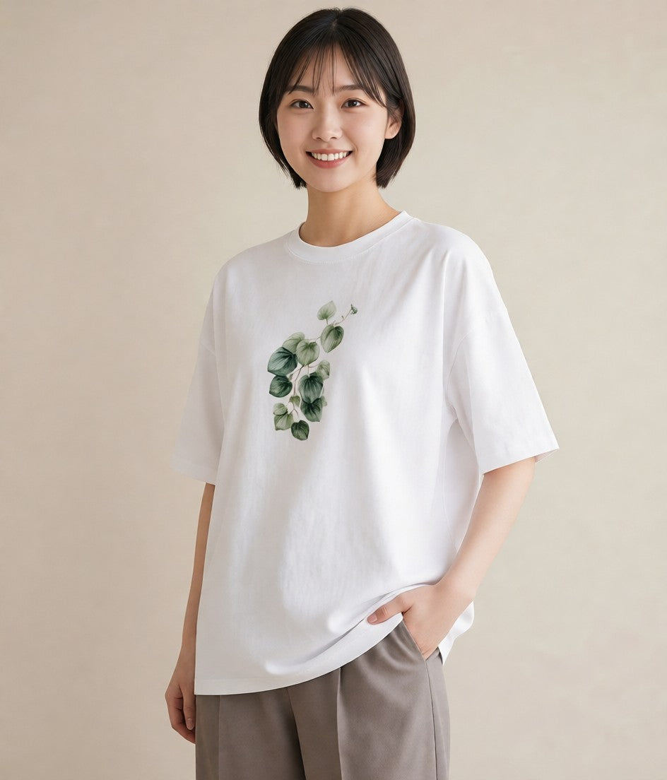 デザインTシャツ レディース つる 植物 ボタニカル イラスト ガーリー ラフ レイヤード 白T YMAZO