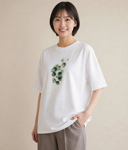 デザインTシャツ レディース つる 植物 ボタニカル イラスト ガーリー ラフ レイヤード 白T YMAZO