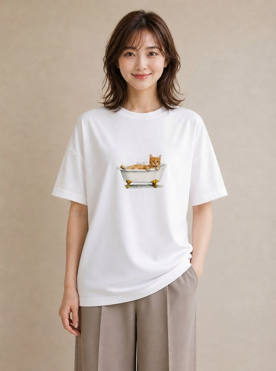 プリントTシャツ レディース 茶トラ 茶猫 猫 ねこ イラスト 北欧風 デイリーウェア 休日 白T YMAZO