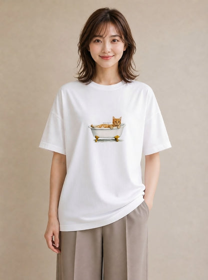 プリントTシャツ レディース 茶トラ 茶猫 猫 ねこ イラスト 北欧風 デイリーウェア 休日 白T YMAZO