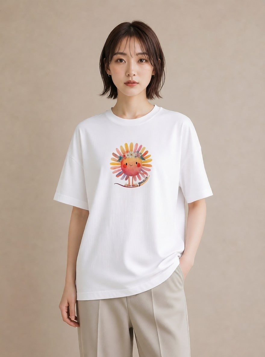 半袖Tシャツ レディース 太陽 星空 宇宙 イラスト シック 通学 誕生日プレゼント 白T YMAZO