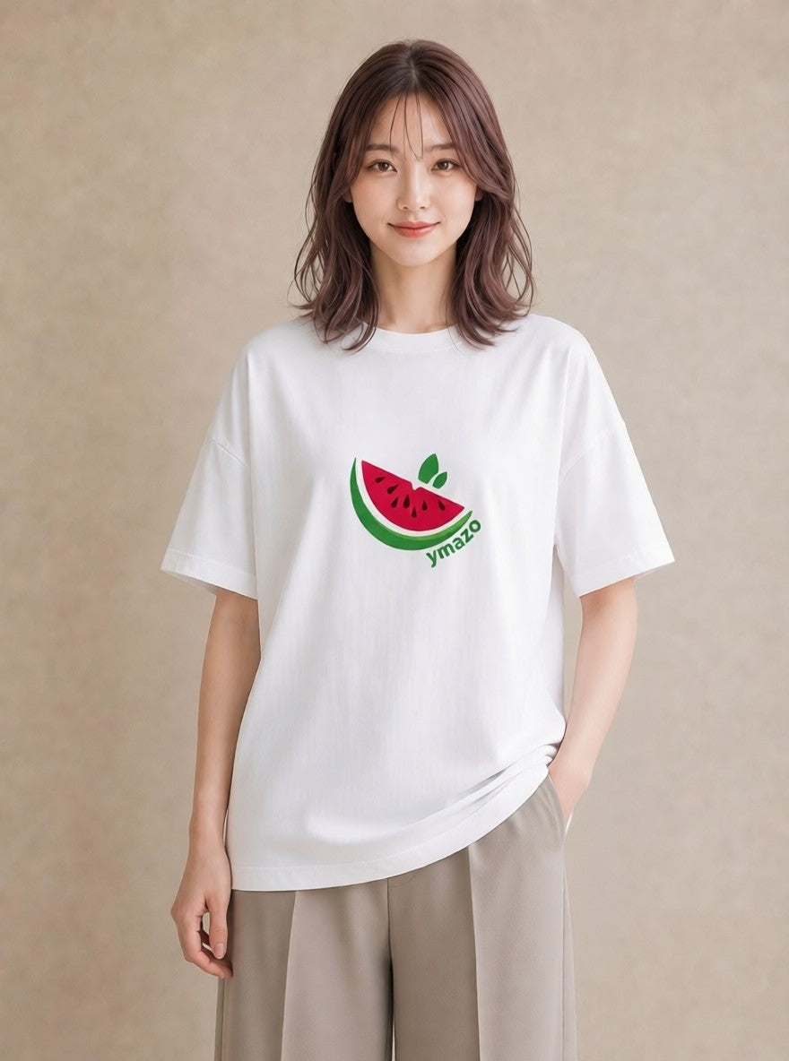 プリントTシャツ レディース すいか 食べ物 フード イラスト ヴィンテージ風 ママ カフェ服 白T YMAZO