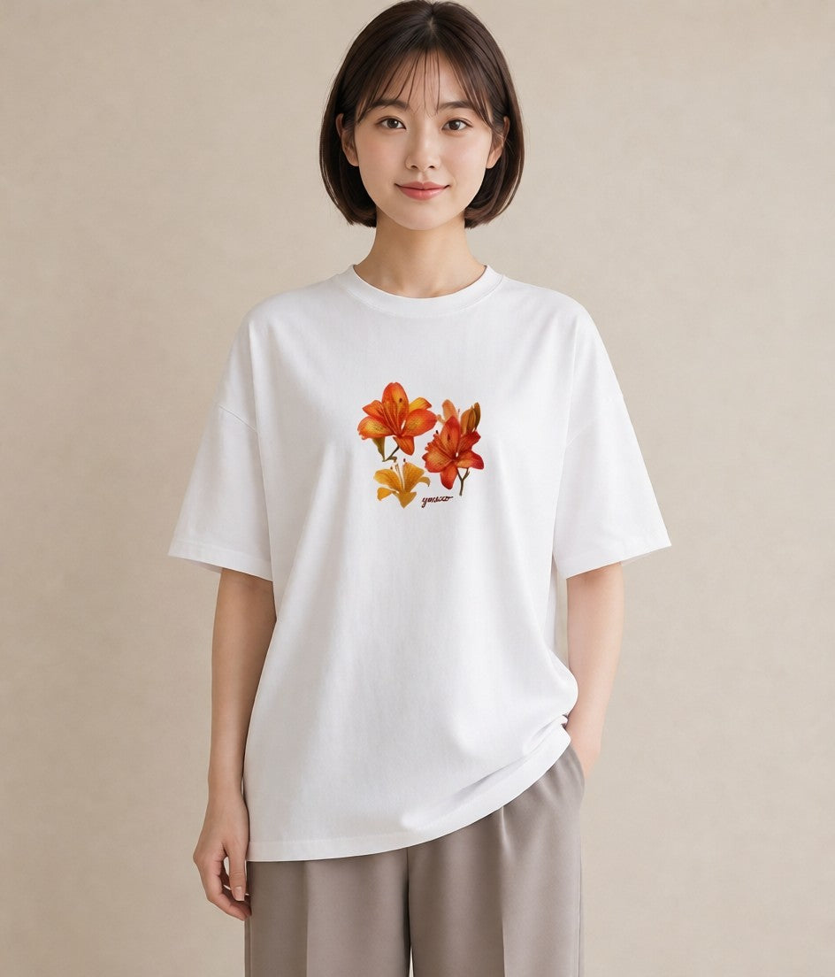 デザインTシャツ レディース ゆり 百合 花 花柄 イラスト 個性的 海 カフェ巡り 白T YMAZO