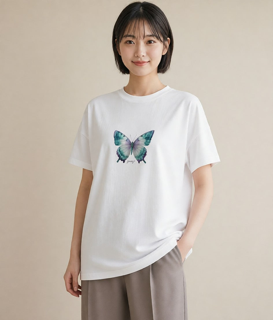 グラフィックTシャツ レディース ちょうちょ 蝶 バタフライ 昆虫 虫 イラスト 上品 部屋着 女性向けギフト 白T YMAZO