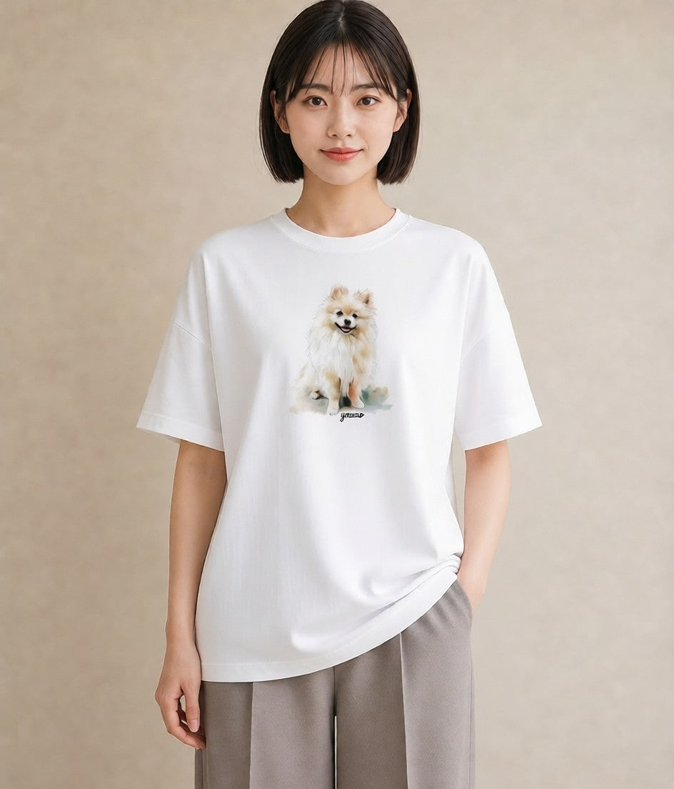 デザインTシャツ レディース ポメラニアン ポメ 犬 いぬ イラスト 休日コーデ お揃い 親子 白T YMAZO
