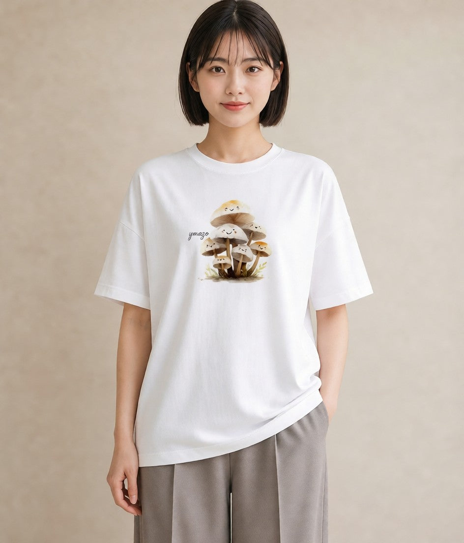 プリントTシャツ レディース きのこ 植物 ボタニカル イラスト シンプル レイヤード 友達ギフト 白T YMAZO