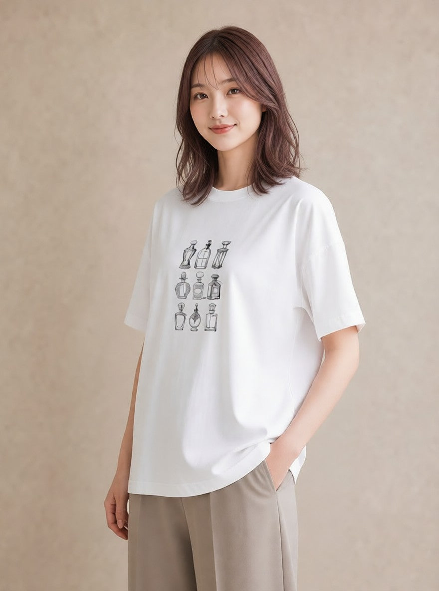 デザインTシャツ レディース 香水 香水瓶 パフューム イラスト ポップ 20代 カジュアルコーデ 白T YMAZO