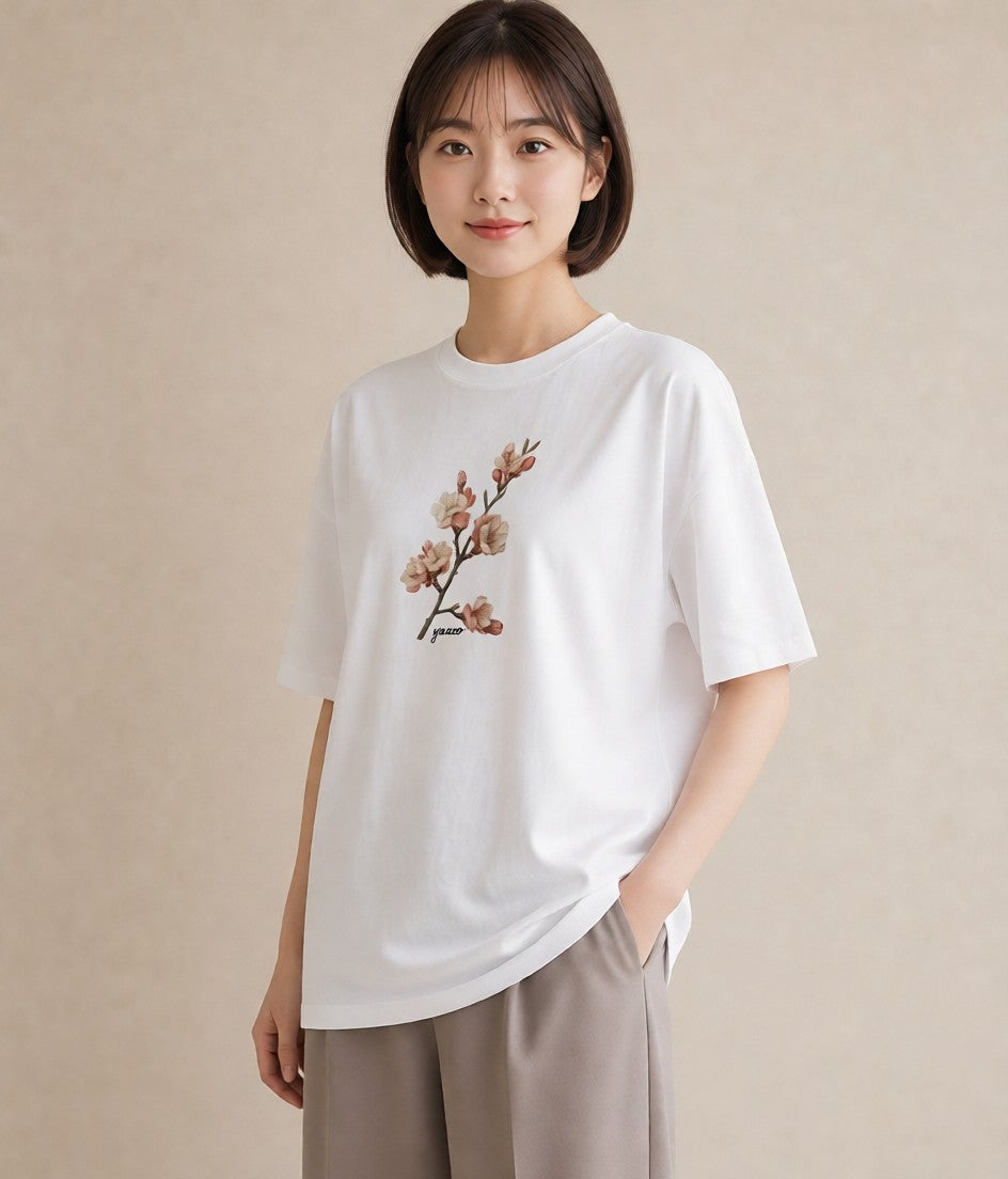 プリントTシャツ レディース 梅 花 花柄 イラスト 上品 綿100 デート 白T YMAZO