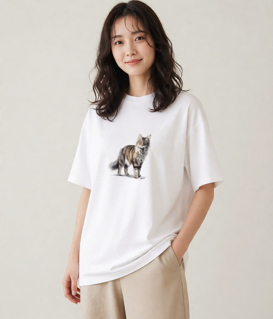 グラフィックTシャツ レディース メインクーン 猫 ねこ イラスト 秋コーデ おしゃれギフト 白T YMAZO