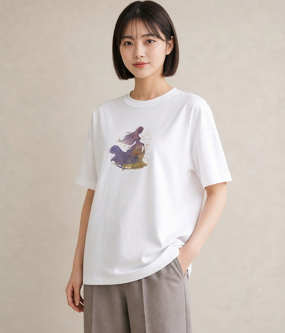 Tシャツ レディース 蟹座 星空 宇宙 イラスト 線画 ミセス 春コーデ 白T YMAZO