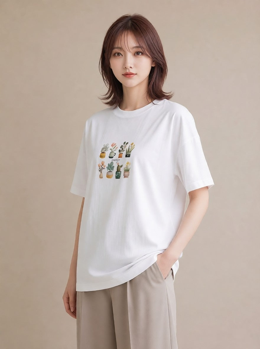 プリントTシャツ レディース 多肉植物 植物 ボタニカル イラスト 個性的 ルームウェア ギフト 白T YMAZO