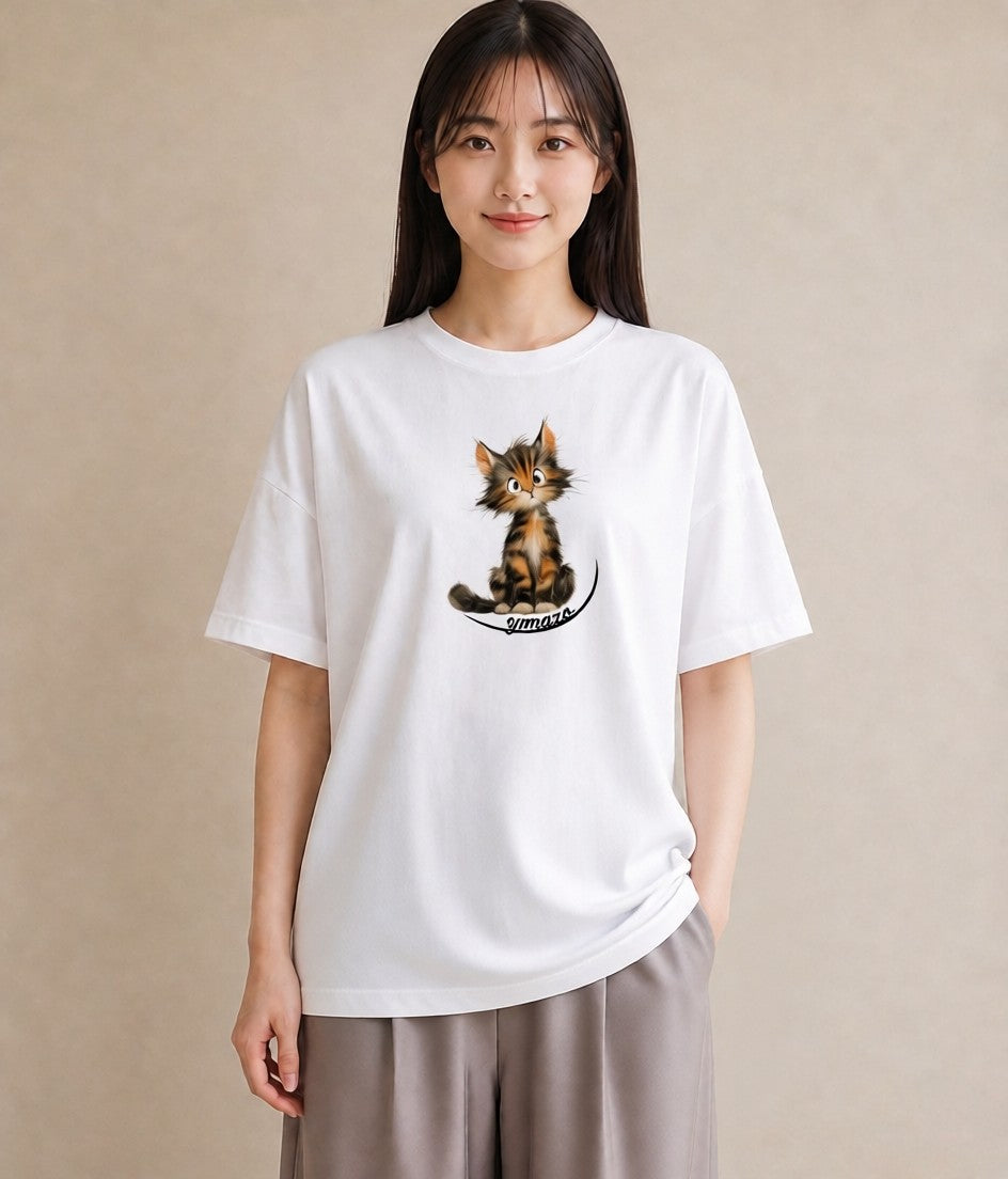 デザインTシャツ レディース サバトラ 猫 ねこ イラスト ラフ 海 カフェ巡り 白T YMAZO