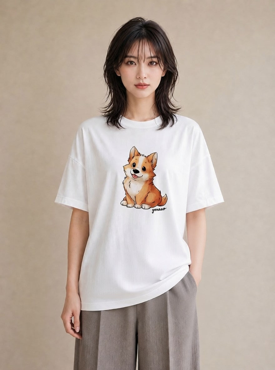 プリントTシャツ レディース ウェルシュコーギー コーギー 犬 いぬ イラスト ヴィンテージ風 旅行用 海 白T YMAZO