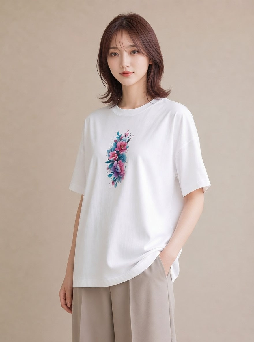 グラフィックTシャツ レディース 牡丹 花 花柄 イラスト ボタニカル 買い物 夏コーデ 白T YMAZO