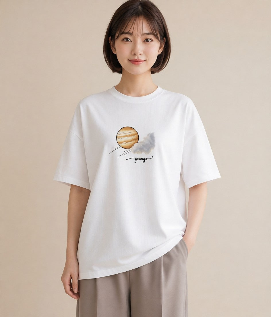 グラフィックTシャツ レディース プラネット 星空 宇宙 イラスト 線画 女性向けギフト 散歩 白T YMAZO
