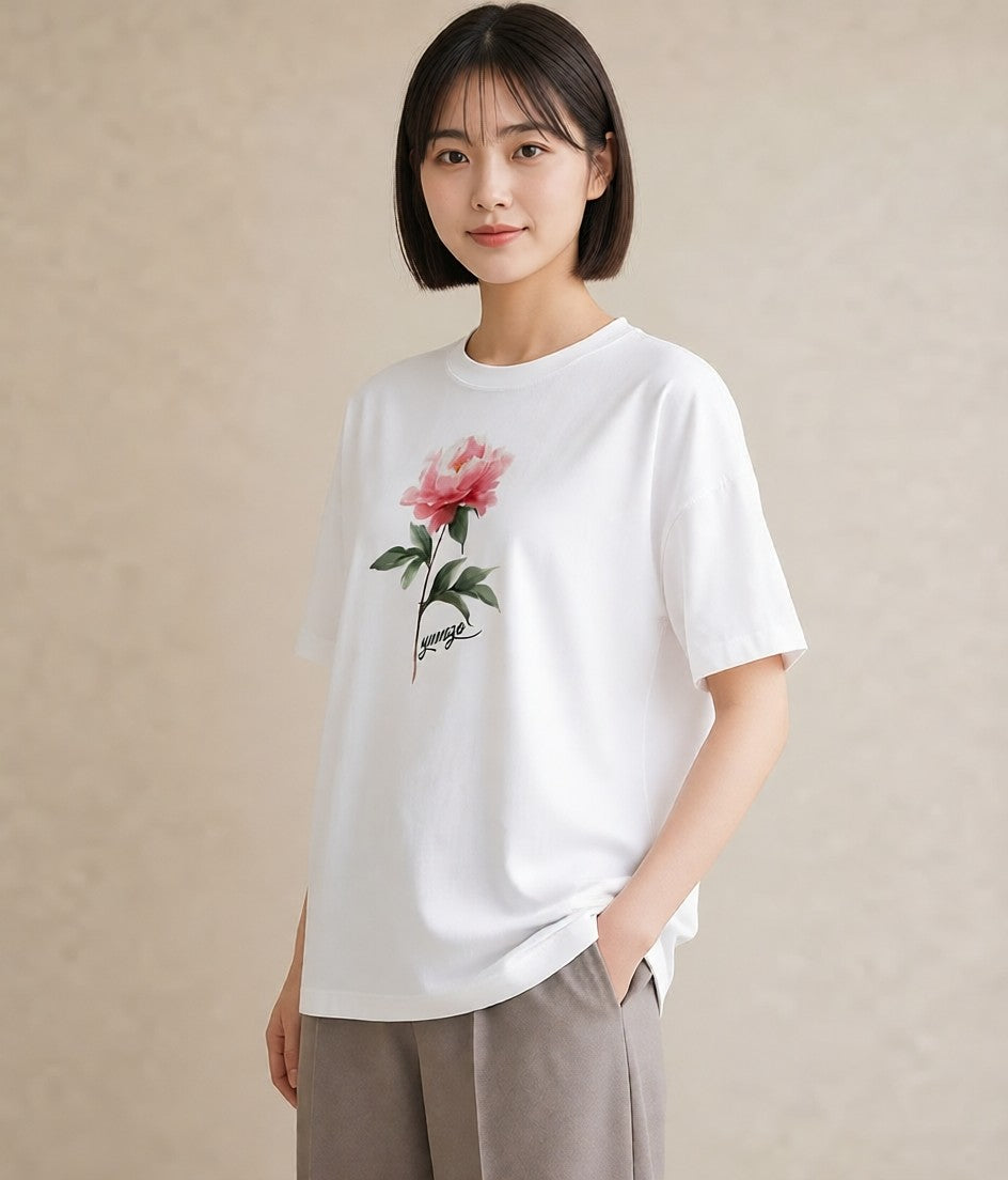 Tシャツ レディース 牡丹 花 花柄 イラスト きれいめカジュアル クリスマス 旅行 白T