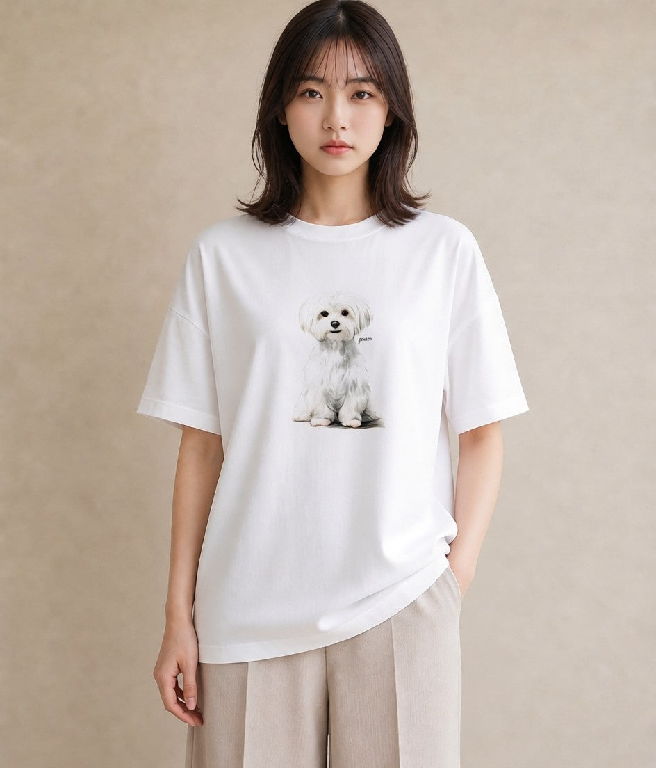 半袖Tシャツ レディース マルチーズ 犬 いぬ イラスト ニュアンス 在宅 公園 白T YMAZO
