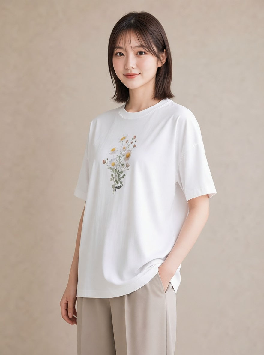 グラフィックTシャツ レディース マーガレット 花 花柄 イラスト きれいめ 公園 ママ 白T