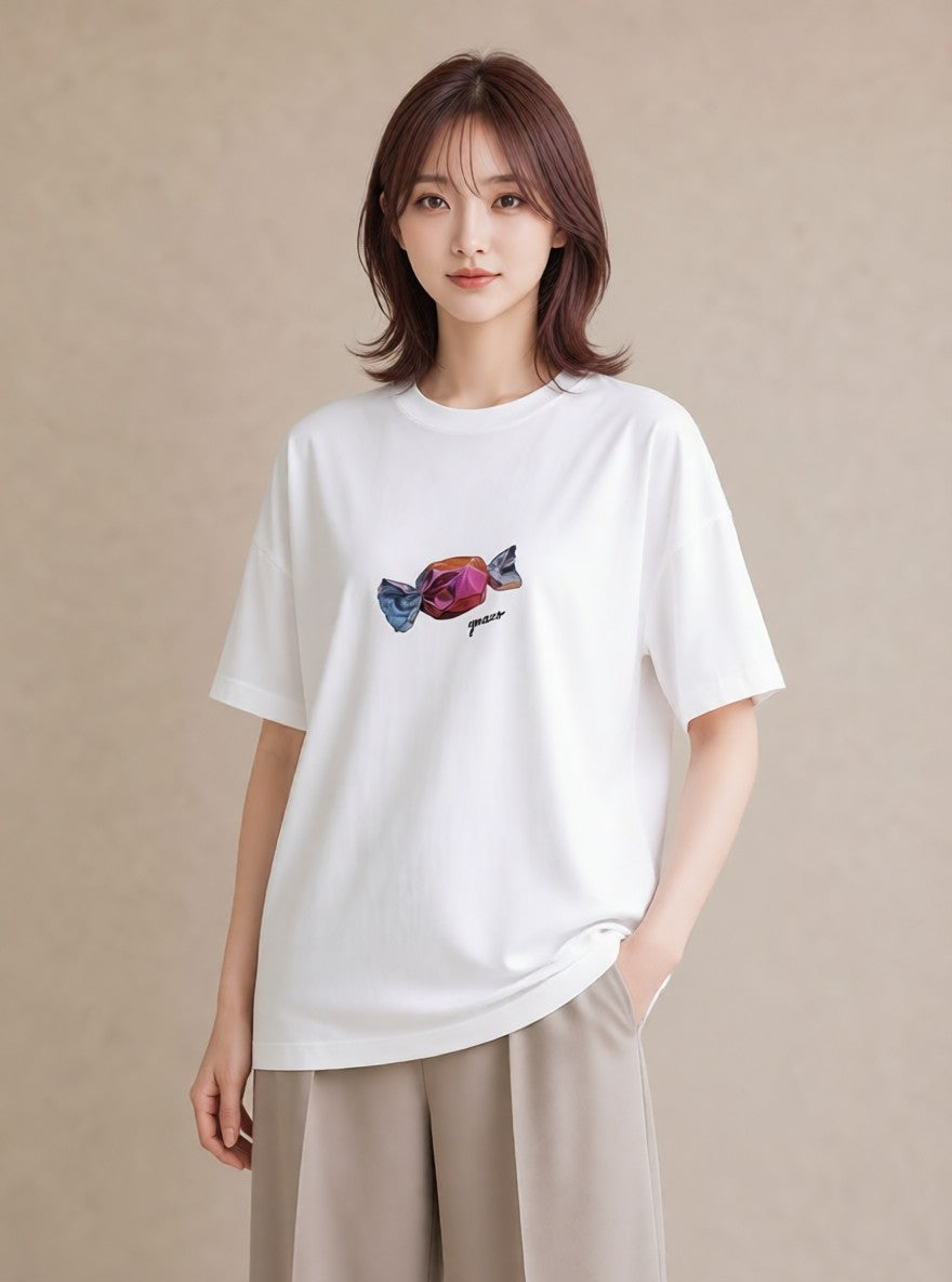 デザインTシャツ レディース キャンディ 食べ物 フード イラスト 韓国風 カフェ巡り 女子会 白T YMAZO