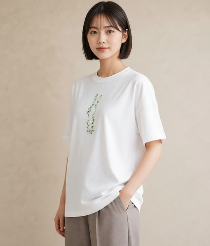 プリントTシャツ レディース 葉っぱ 植物 ボタニカル イラスト 韓国風 散歩 お出かけ 白T YMAZO