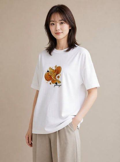半袖Tシャツ レディース みかん 食べ物 フード イラスト ナチュラル 送別ギフト 通勤 白T YMAZO