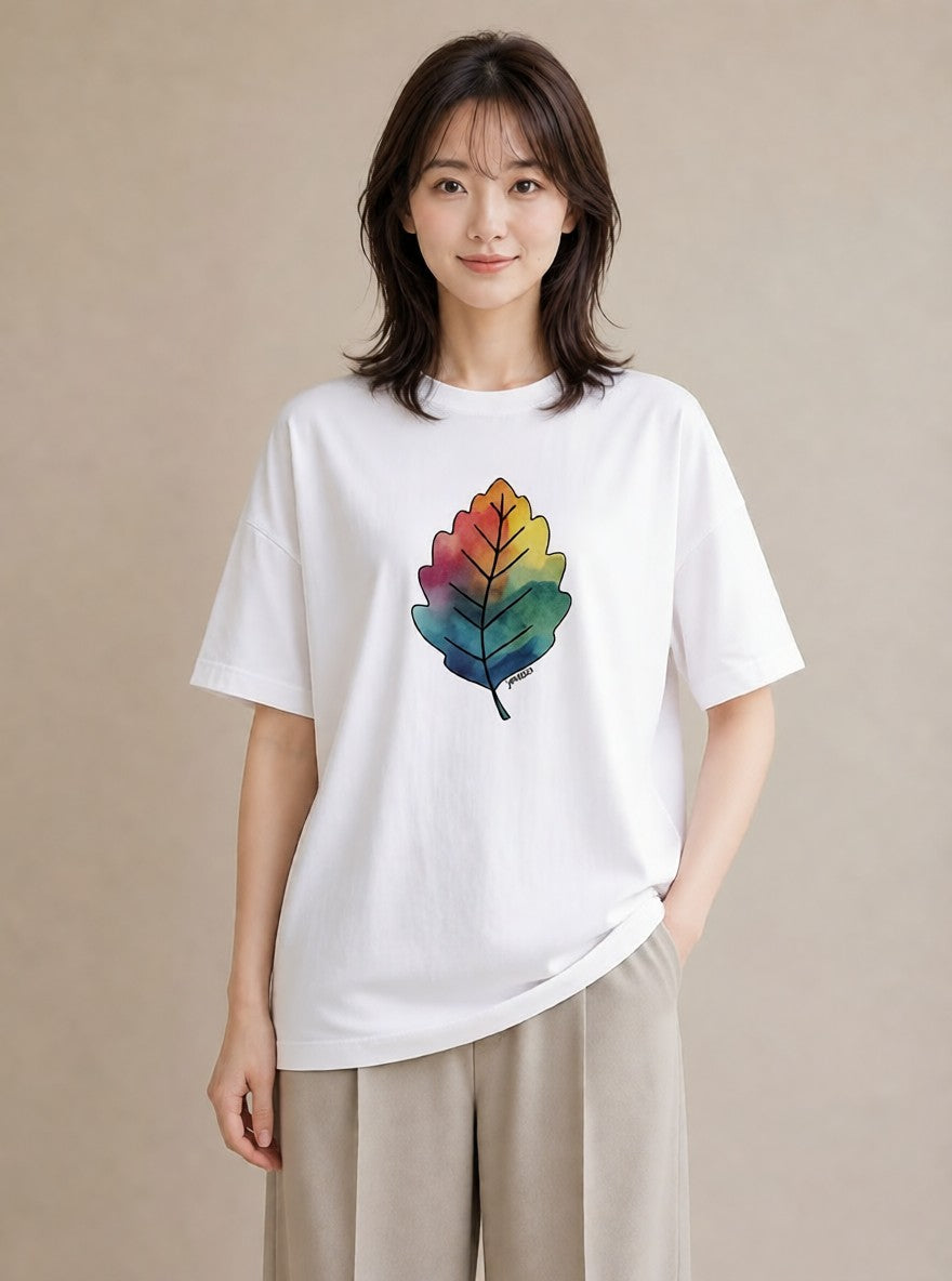 グラフィックTシャツ レディース 落ち葉 植物 ボタニカル イラスト 上品 誕生日プレゼント 綿100 白T YMAZO