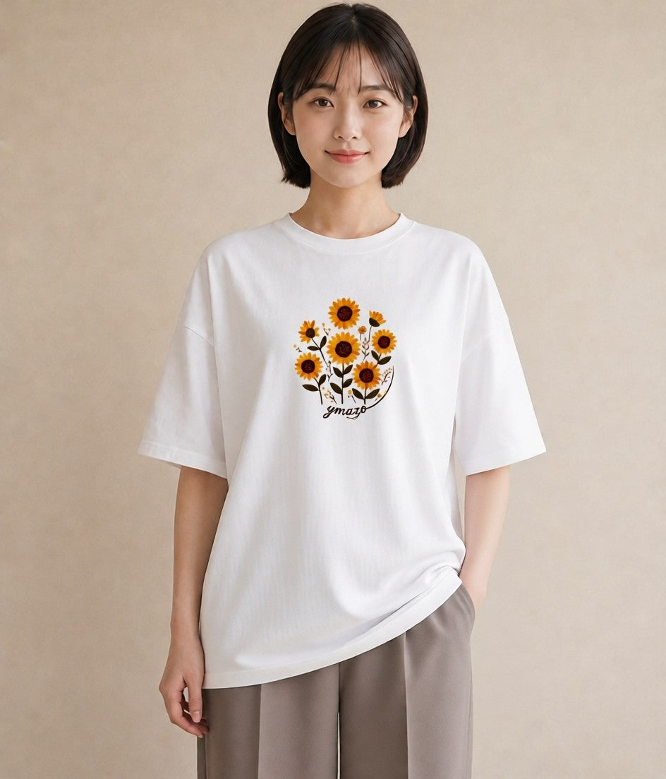半袖Tシャツ レディース ひまわり 向日葵 花 花柄 イラスト ニュアンス 20代 カジュアルコーデ 白T YMAZO