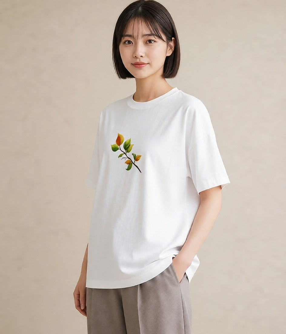 グラフィックTシャツ レディース 落ち葉 植物 ボタニカル イラスト シック 20代 カジュアルコーデ 白T YMAZO