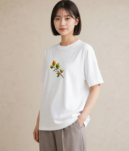 グラフィックTシャツ レディース 落ち葉 植物 ボタニカル イラスト シック 20代 カジュアルコーデ 白T YMAZO