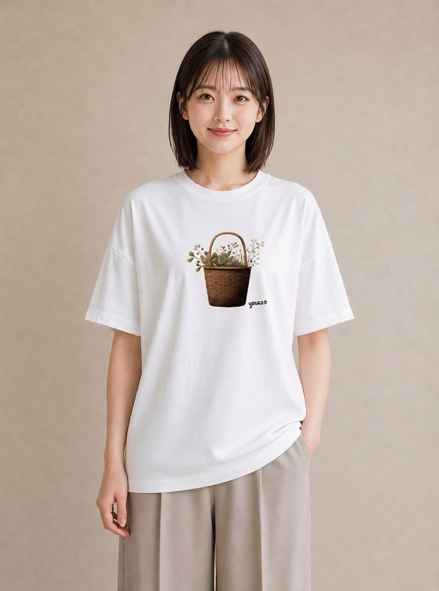 プリントTシャツ レディース 自転車のかご 自転車 花かご ナチュラル アンティーク イラスト 社会人 女性 白T YMAZO