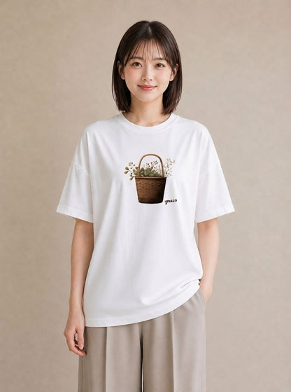 プリントTシャツ レディース 自転車のかご 自転車 花かご ナチュラル アンティーク イラスト 社会人 女性 白T YMAZO