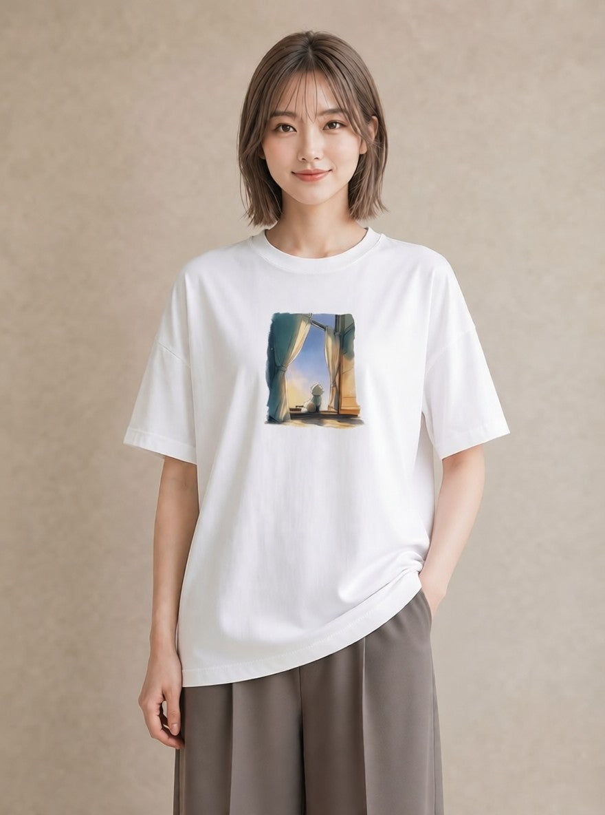 Tシャツ レディース 灯りの家 小屋 夜 ナチュラル アンティーク イラスト ヴィンテージ風 ママ カフェ服 白T YMAZO