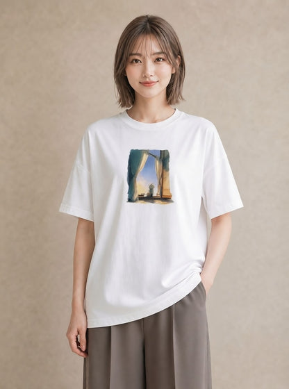 Tシャツ レディース 灯りの家 小屋 夜 ナチュラル アンティーク イラスト ヴィンテージ風 ママ カフェ服 白T YMAZO