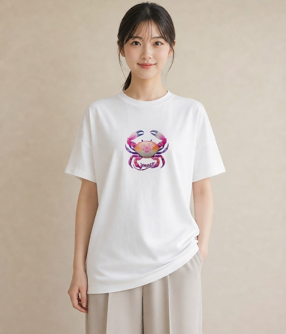 プリントTシャツ レディース 蟹座 星空 宇宙 イラスト ボタニカル 女性向けギフト 散歩 白T YMAZO