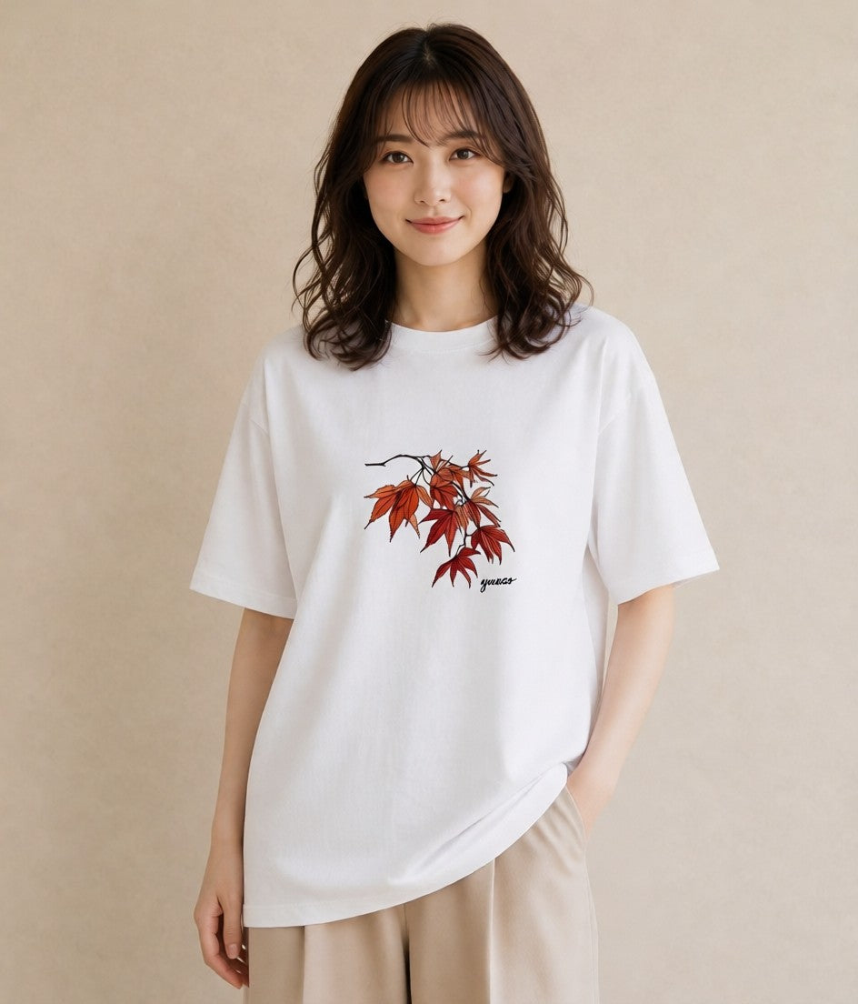 半袖Tシャツ レディース 落ち葉 植物 ボタニカル イラスト 個性的 買い物 夏コーデ 白T YMAZO