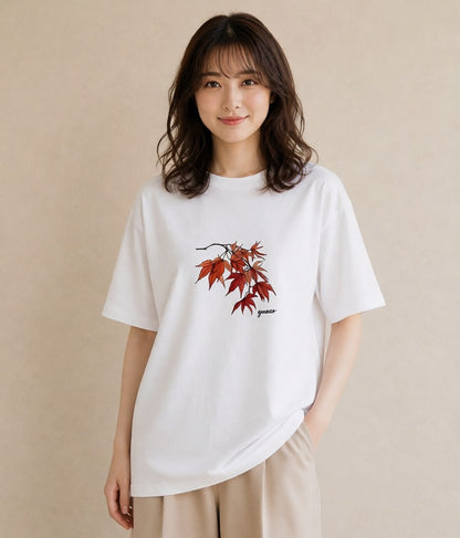 半袖Tシャツ レディース 落ち葉 植物 ボタニカル イラスト 個性的 買い物 夏コーデ 白T YMAZO