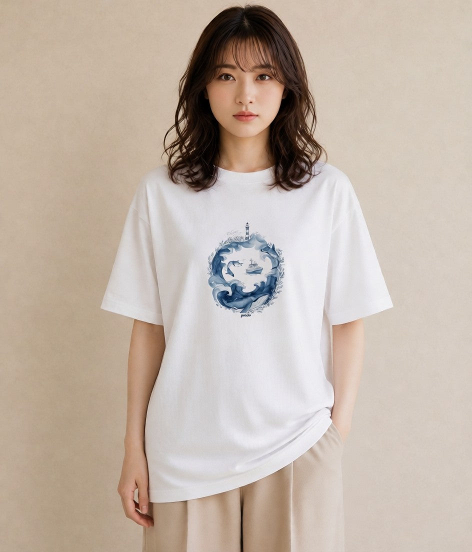 Tシャツ レディース 海 星空 宇宙 イラスト 線画 春コーデ 姉妹 白T YMAZO