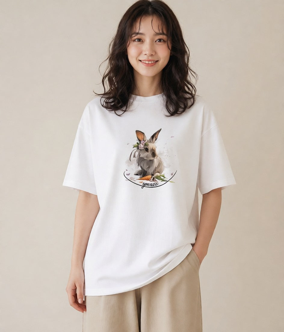 半袖Tシャツ レディース ウサギ系野生 動物 アニマル イラスト ナチュラル ホワイトデー 春服 白T YMAZO