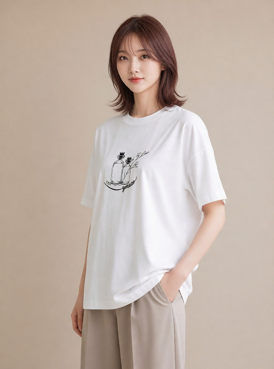 グラフィックTシャツ レディース 香水 香水瓶 パフューム イラスト きれいめカジュアル 部屋着 女性向けギフト 白T YMAZO