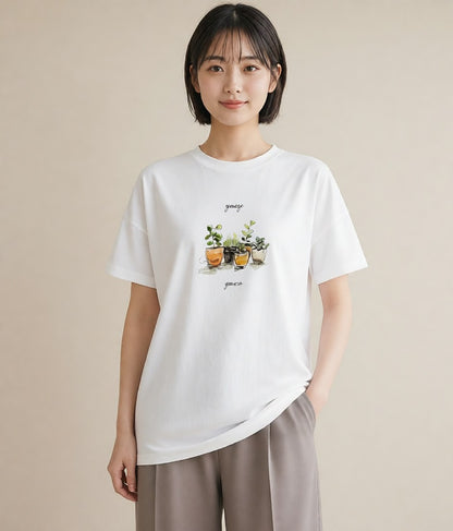 半袖Tシャツ レディース 多肉植物 植物 ボタニカル イラスト 線画 ホワイトデー 春服 白T YMAZO