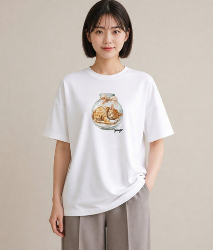 Tシャツ レディース キジトラ 猫 ねこ イラスト 線画 クリスマス 旅行 白T YMAZO