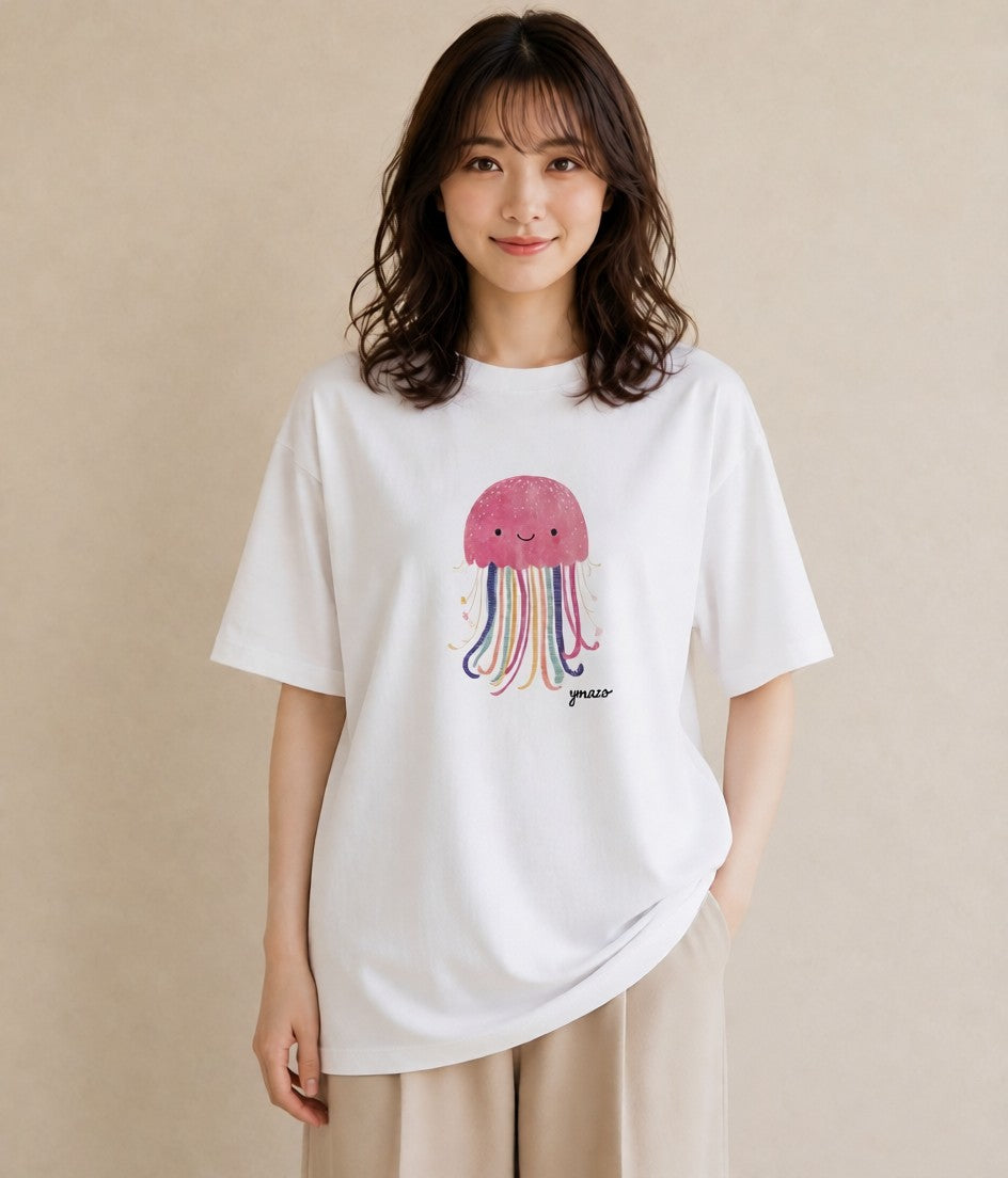 デザインTシャツ レディース くらげ クラゲ 海の生き物 海 イラスト 普段使い ミセス 春コーデ 白T YMAZO