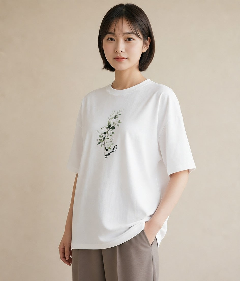 Tシャツ レディース つる 植物 ボタニカル イラスト ゆるかわ カフェ巡り 女子会 白T YMAZO