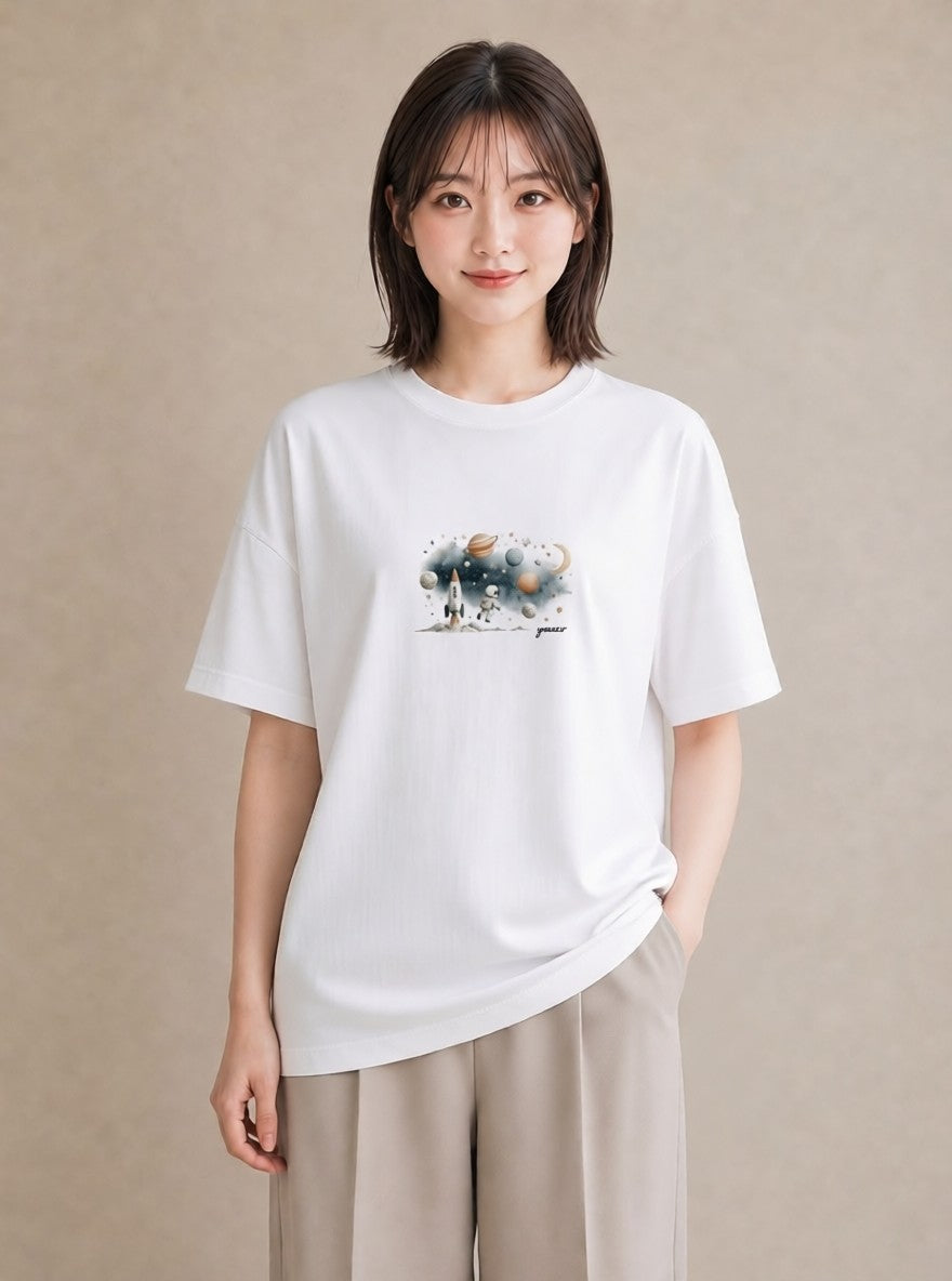 半袖Tシャツ レディース 惑星 星空 宇宙 イラスト アート風 夏コーデ 通学 白T YMAZO