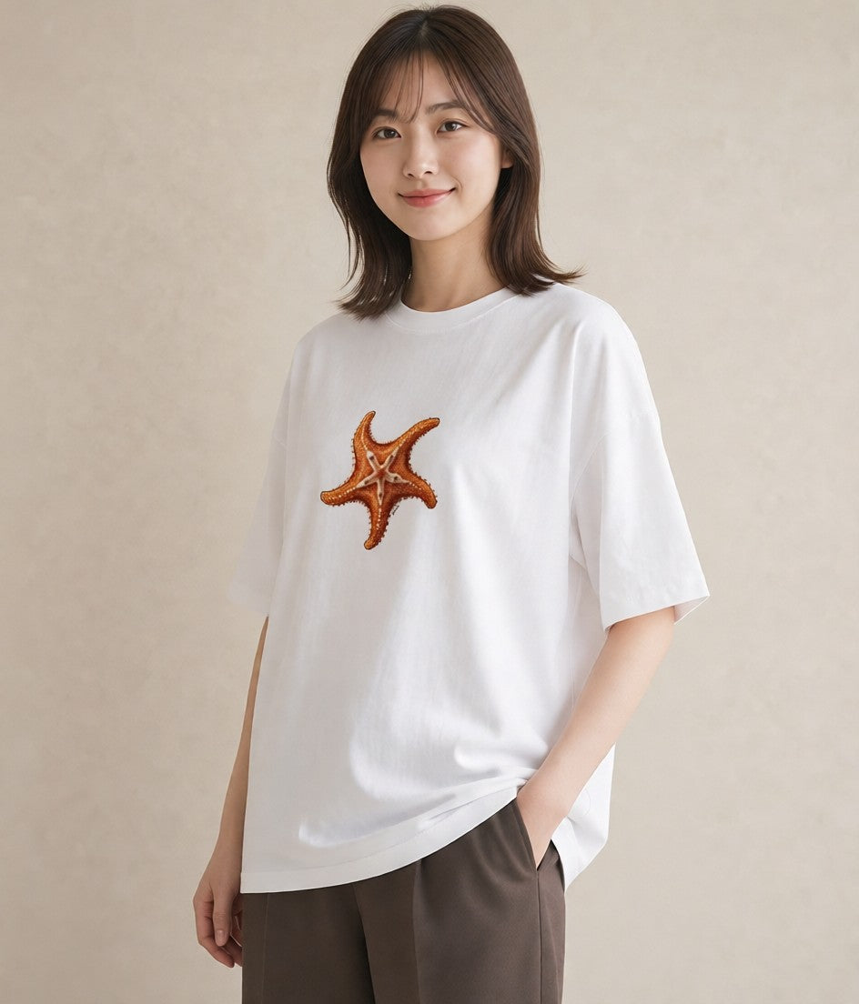 プリントTシャツ レディース ヒトデ 海の生き物 海 イラスト カフェコーデ 敬老の日 ホワイトデー 白T YMAZO