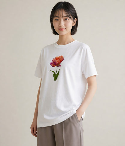 プリントTシャツ レディース チューリップ 花 花柄 イラスト シック ミセス 春コーデ 白T YMAZO