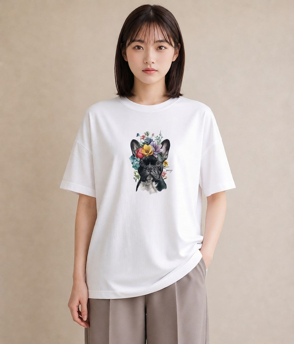 グラフィックTシャツ レディース フレンチブルドッグ フレブル 犬 いぬ イラスト 韓国風 綿100 デート 白T YMAZO